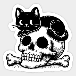 Black cat lay on the skull Sticker